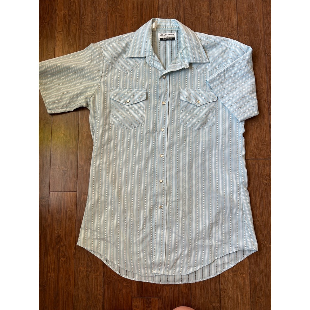 Vintage Karman Silver Collection Western Pearl Snap Shirt Blue Striped Large